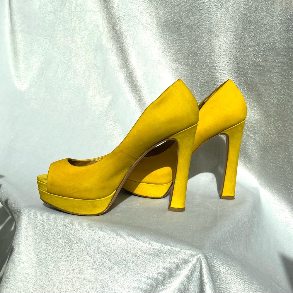 Mimosa Yellow Suede Peep Toe Heels - Picture 4 of 8